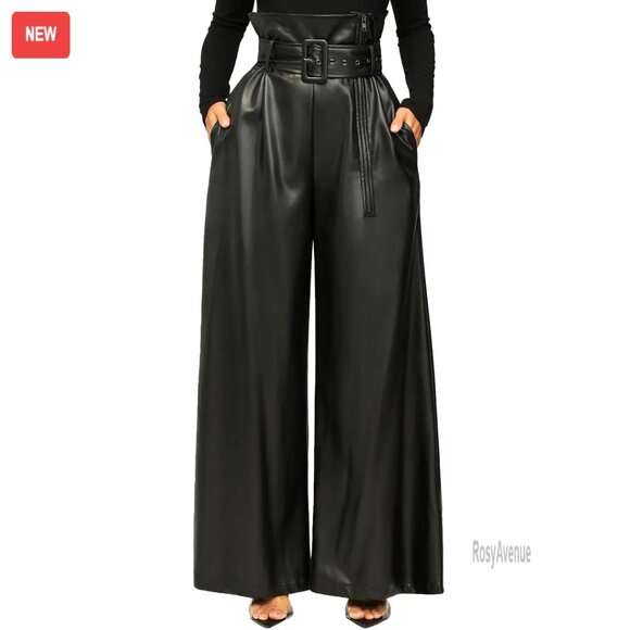 High Waisted Faux Leather Wide Leg Pants with Belt Straight Leg Trousers